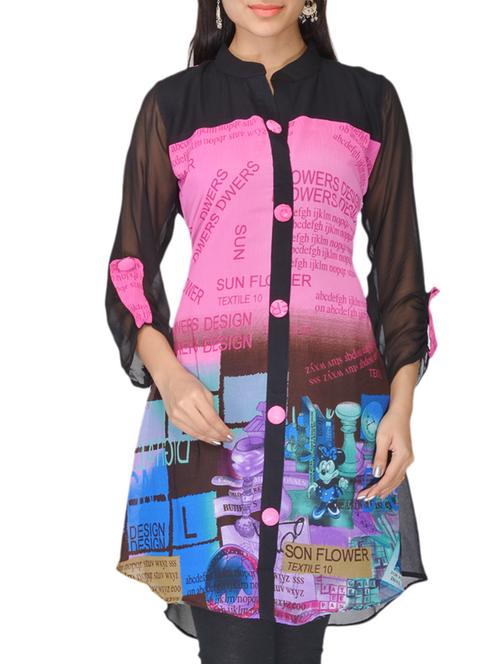 pink & black faux georgette kurti - 10126766 - Very Small Image - 1