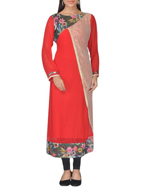 maroon, beige georgette kurti - 10126792 - Very Small Image - 1