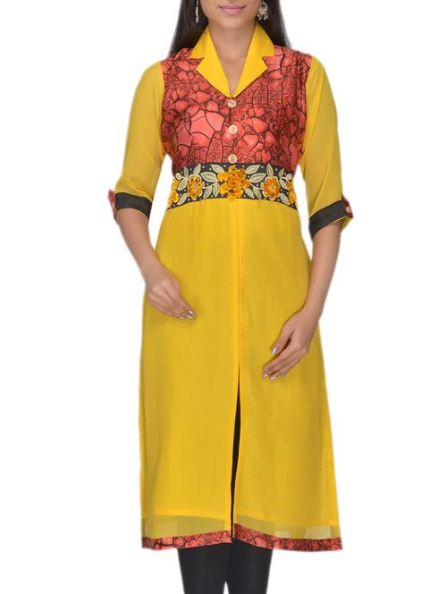 rust, yellow , black faux georgette kurti - 10126797 - Very Small Image - 1