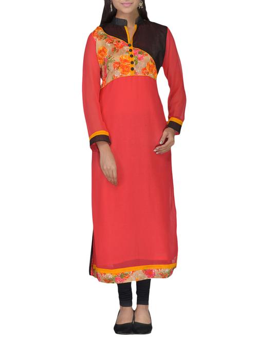 red, beige , black faux georgette kurti - 10126803 - Very Small Image - 1