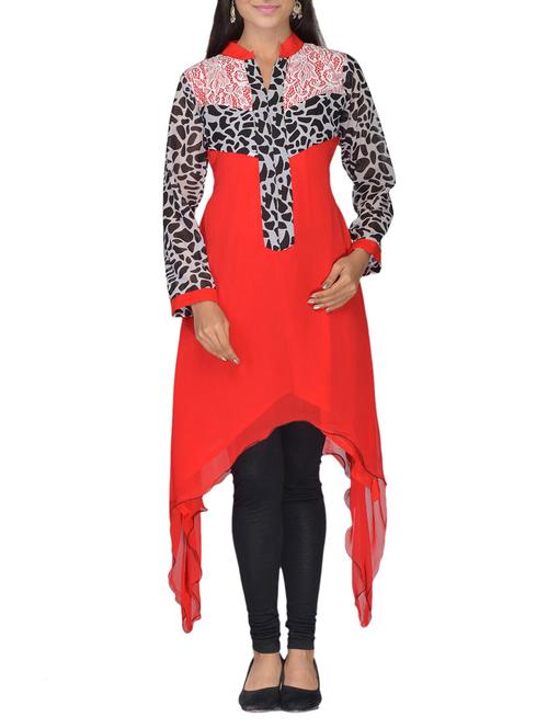 red, grey , black faux georgette kurti - 10126809 - Very Small Image - 1