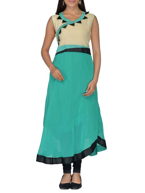 cream , green faux georgette kurti - 10126845 - Very Small Image - 1