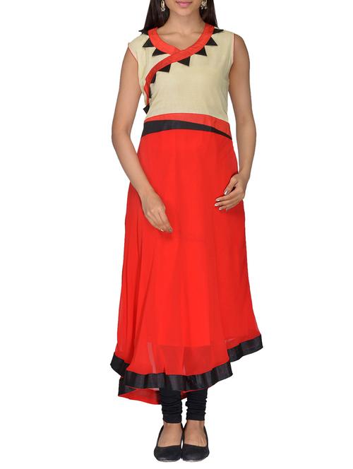 cream , red faux georgette kurti - 10126846 - Very Small Image - 1
