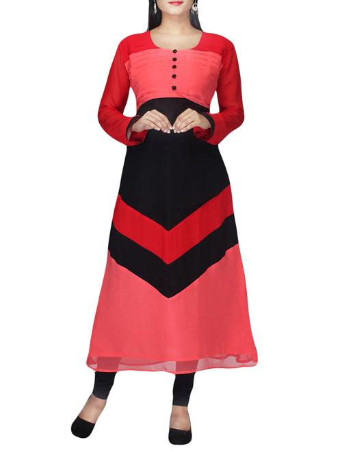 peach, red & black faux georgette kurti - 10126867 - Very Small Image - 1