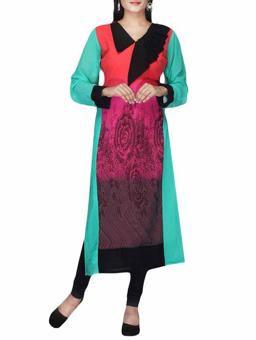 red, pink, black & green faux georgette kurti - 10126878 - Very Small Image - 1