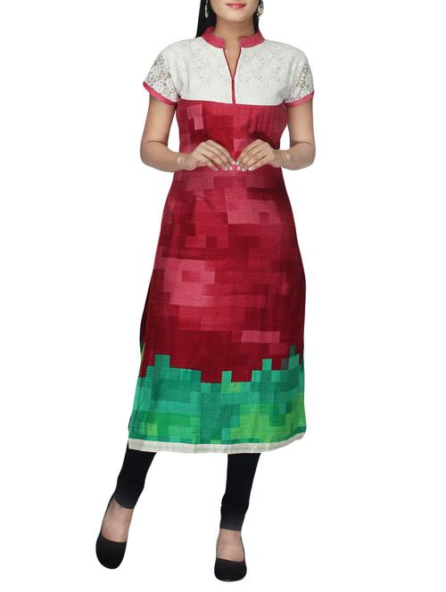 off white, maroon & green cotton kurti - 10126885 - Very Small Image - 1