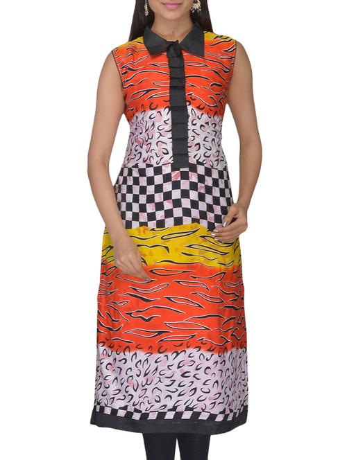 rust, white, yellow , black rayon kurti - 10126908 - Very Small Image - 1