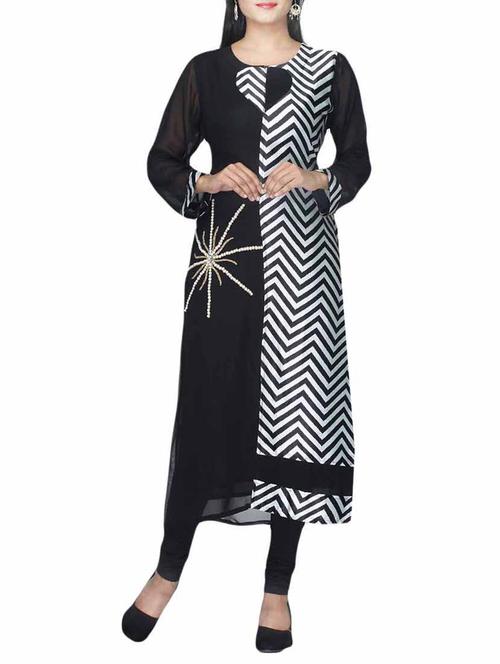 black & white faux georgette kurti - 10126920 - Very Small Image - 1
