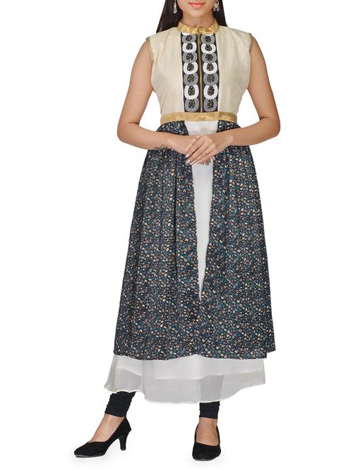 cream & black dupion silk kurti - 10126951 - Very Small Image - 1