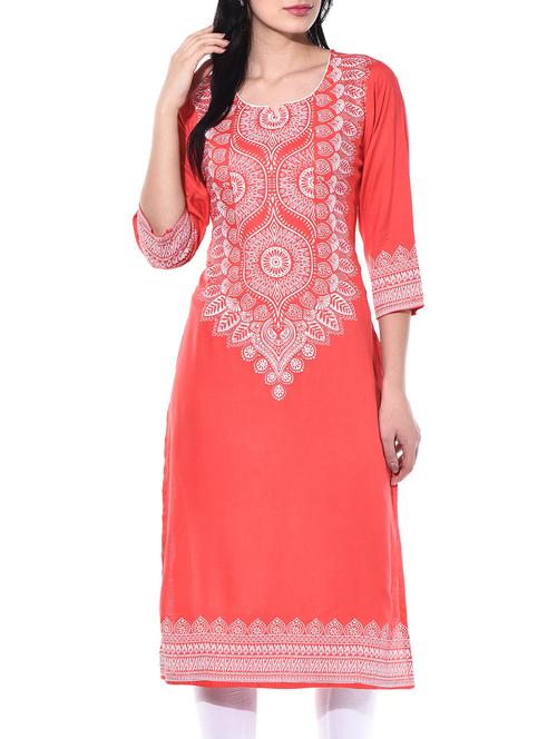 coral, white rayon kurta - 10140404 - Very Small Image - 1
