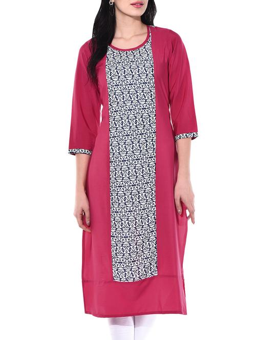 fuchsia, blue, white poly crepe kurta - 10140412 - Very Small Image - 1