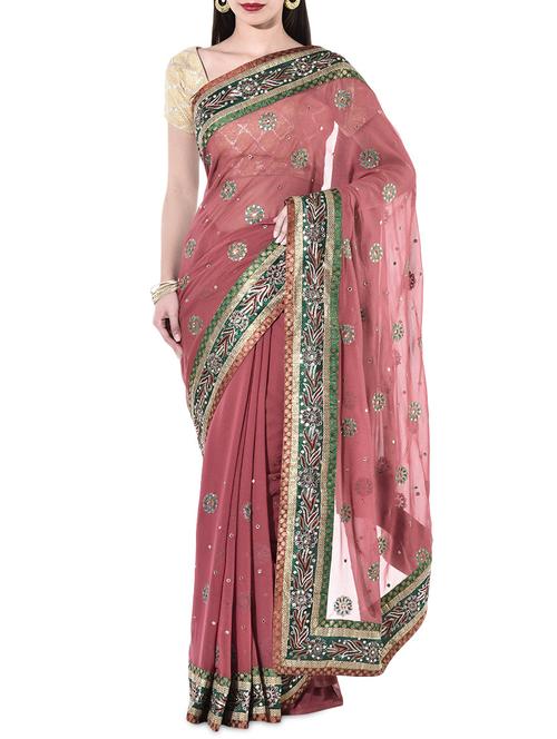 peach floral embroidered and sequined georgette saree - 10140766 - Very Small Image - 1