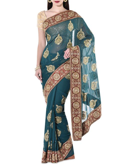 dark green georgette embroidered sari - 10140796 - Very Small Image - 1