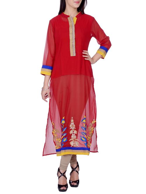 red georgette kurta - 10146580 - Very Small Image - 1