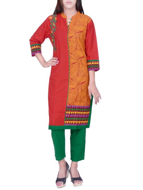 orange,red cotton kurta - 10146601 - Very Small Image - 1