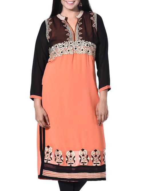 peach,black poly georgette kurta - 10147566 - Very Small Image - 1
