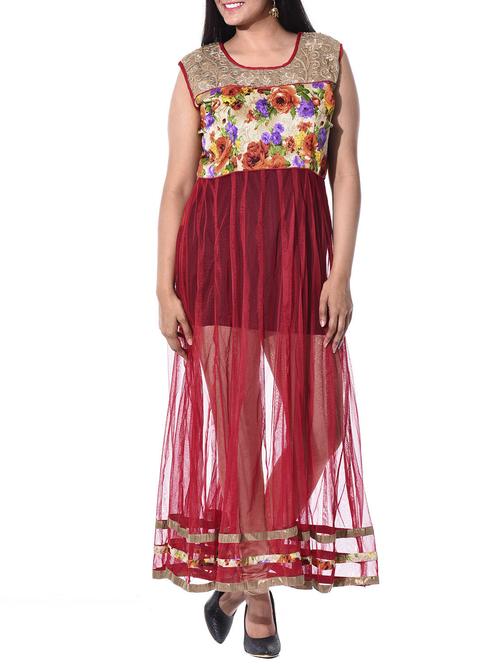 red,gold net kurta - 10147567 - Very Small Image - 1