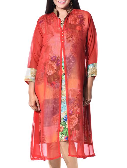 orange poly georgette kurta - 10147586 - Very Small Image - 1