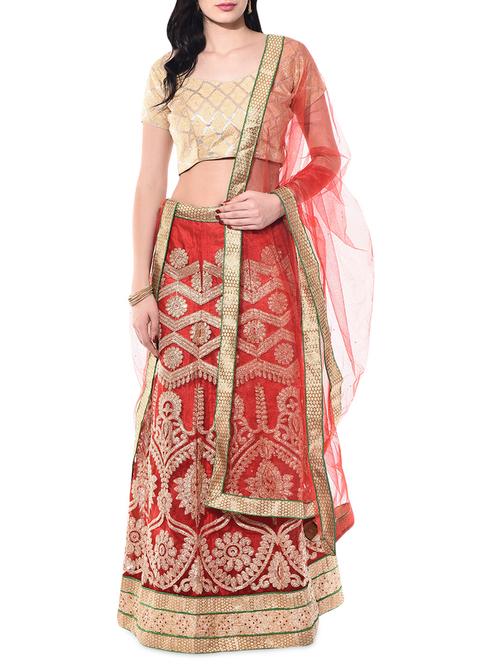 red embroidered net lehenga set - 10164781 - Very Small Image - 1