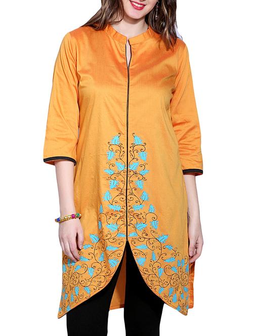 orange cotton blend straight kurta - 10233345 - Very Small Image - 1