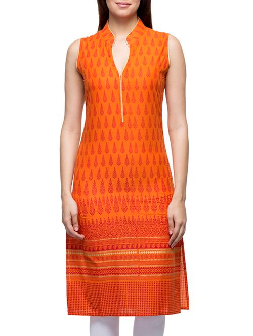 orange cotton printed straight kurta - 10259666 - Very Small Image - 1