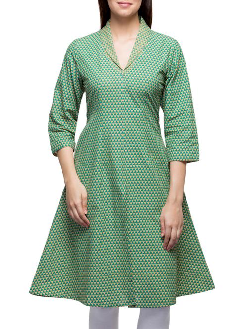 green cotton printed high slit kurta - 10259667 - Very Small Image - 1