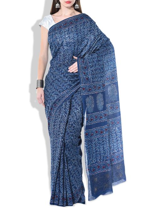 blue, cotton, batik saree with blouse - 10297814 - Very Small Image - 1