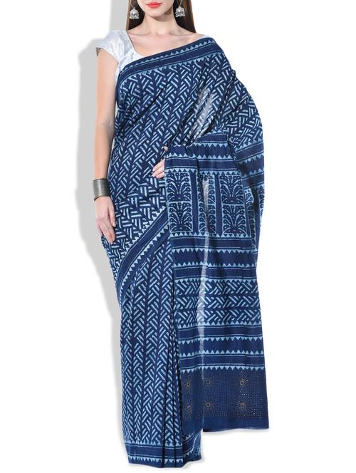 blue, cotton, batik saree with blouse - 10297819 - Very Small Image - 1