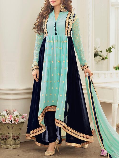 turquoise georgette unstitched suit - 10310822 - Very Small Image - 1