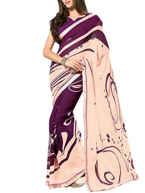 purple & cream georgette saree - 10311018 - Very Small Image - 1