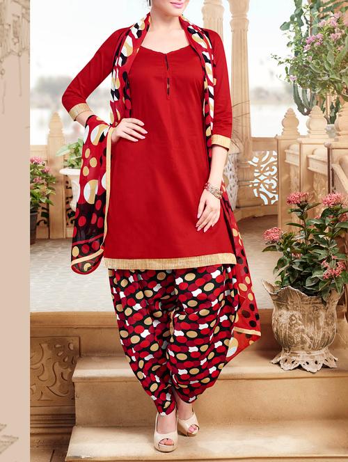 red cotton unstitched suit - 10311072 - Very Small Image - 1