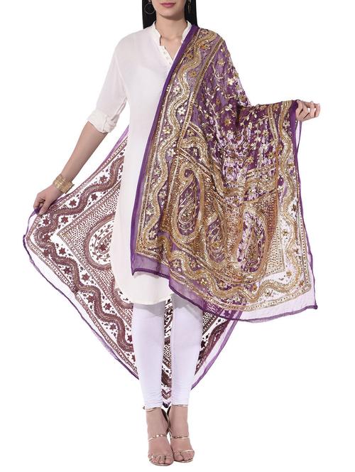 blushing couture aubergine embroidered and sequined organza dupatta - 10314791 - Very Small Image - 1