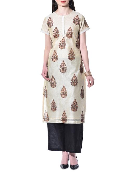 Cream printed chanderi silk kurta - 10315435 - Very Small Image - 1