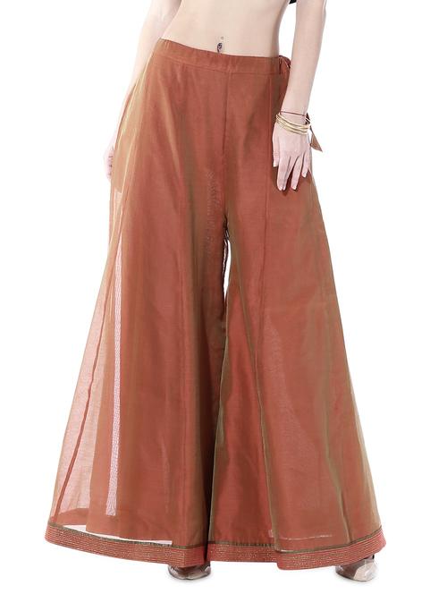 Kaanchie Nanggia Brown embellished chanderi palazzos - 10315473 - Very Small Image - 1