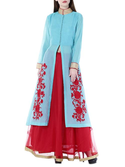 Kaanchie Nanggia Turquoise and red longh and embroidered jacket and skirt set - 10315487 - Very Small Image - 1