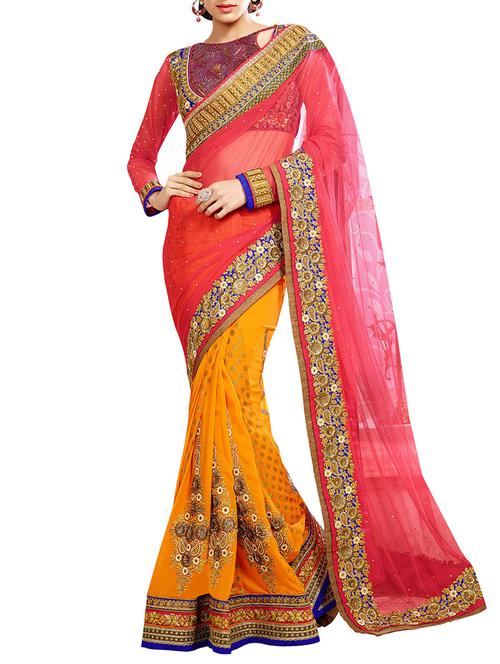 pink and yellow net jacquard georgette saree - 10316956 - Very Small Image - 1