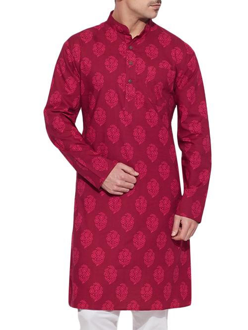 raspberry red cotton printed kurta - 10326522 - Very Small Image - 1