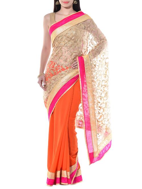 chhabra 555 cream and orange embroidered saree - 10326964 - Very Small Image - 1