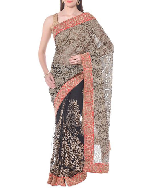 black and taupe embroidered net saree with blouse - 10326982 - Very Small Image - 1