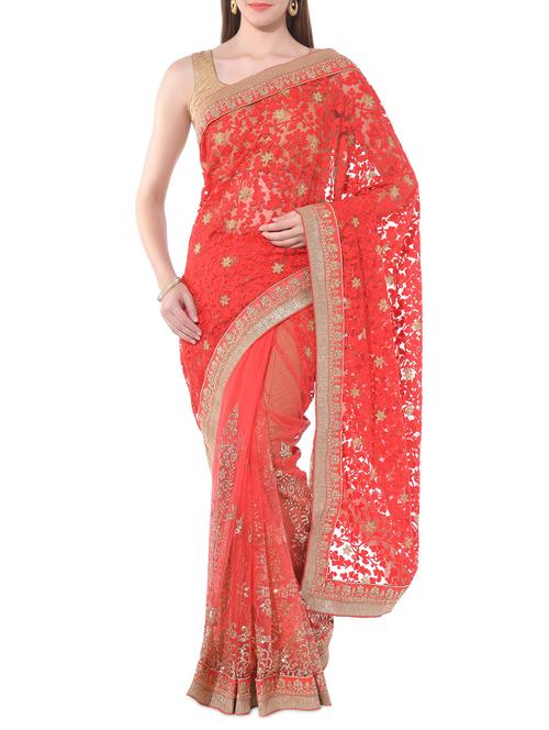 red floral embroidered net saree - 10326983 - Very Small Image - 1