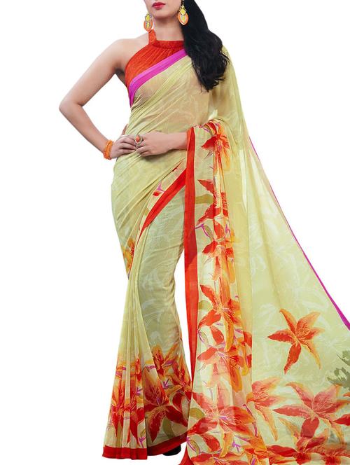 varni fabrics yellow faux georgette saree - 10351023 - Very Small Image - 1