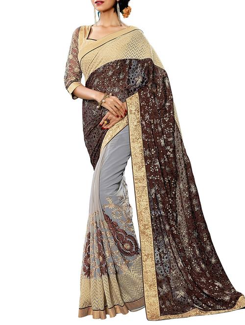 varni fabrics beige georgette saree - 10351091 - Very Small Image - 1
