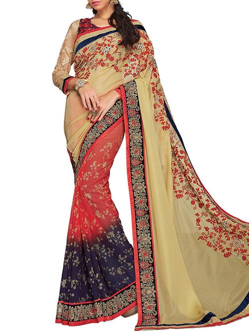 varni fabrics red, beige georgette saree - 10351095 - Very Small Image - 1