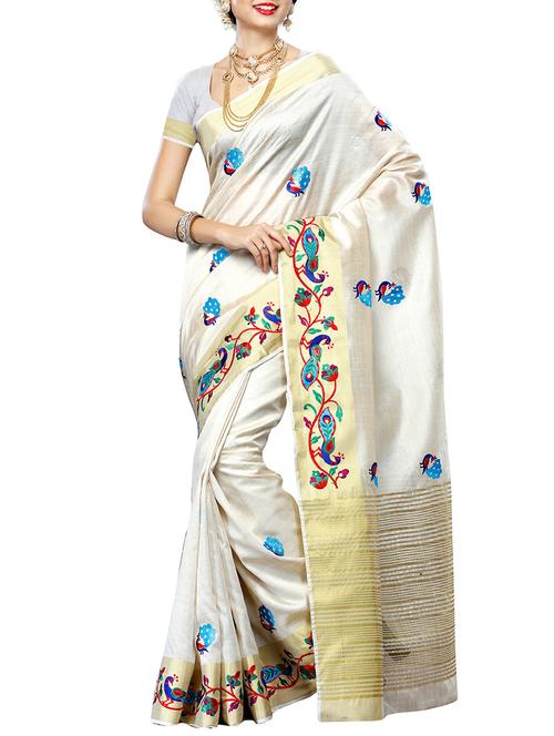 white tussar silk self design saree with blouse - 10352347 - Very Small Image - 1