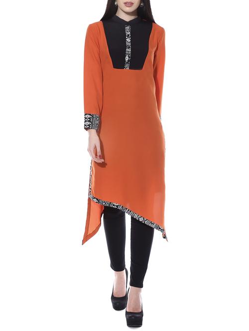 rust, black poly crepe kurta - 10358542 - Very Small Image - 1