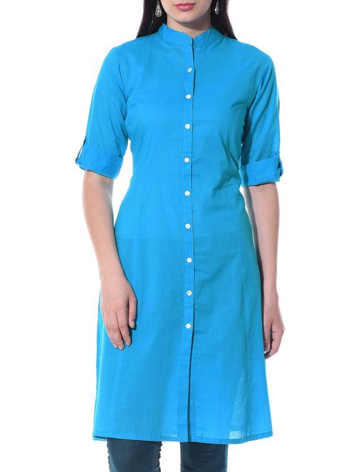 blue cotton straight solid kurta - 10363792 - Very Small Image - 1