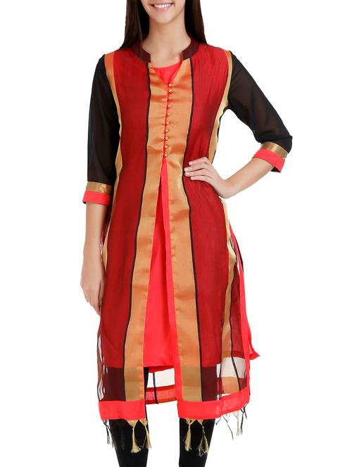 orange, black and peach chanderi kurta - 10363860 - Very Small Image - 1
