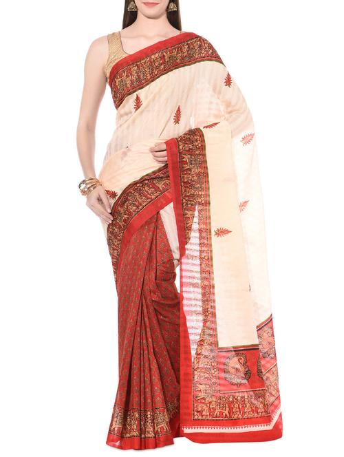 Xclusive Chhabra by Puneet cream and red printed silk saree - 10366360 - Very Small Image - 1
