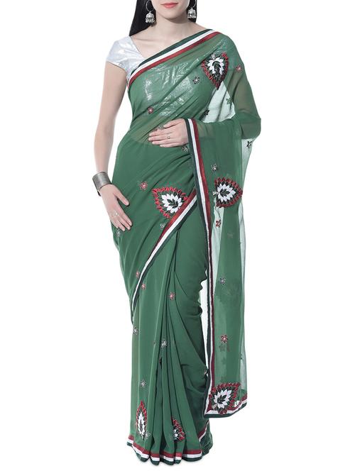xclusive chhabra by puneet bottle green sequined and applique detailed georgette saree - 10366381 - Very Small Image - 1