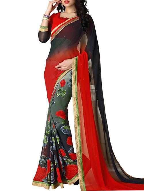 red and black georgette saree - 10387114 - Very Small Image - 1